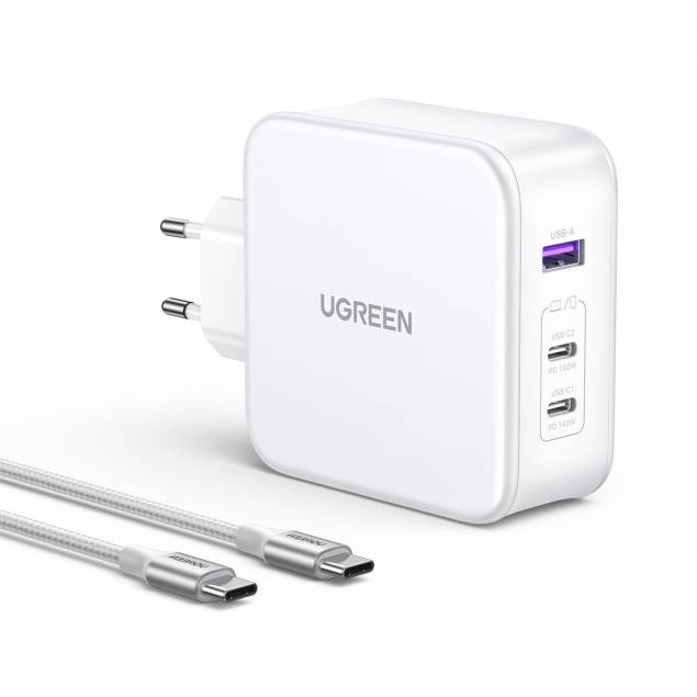 Ugreen Nexode 3-port USB-C/USB 140W PD Mac oplader med 1,5m USB-C kabel - Hvid