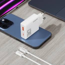  Dudao GaN 30W PD oplader USB-C/USB-A inkl 1m USB-C til Lightning kabel - Hvid