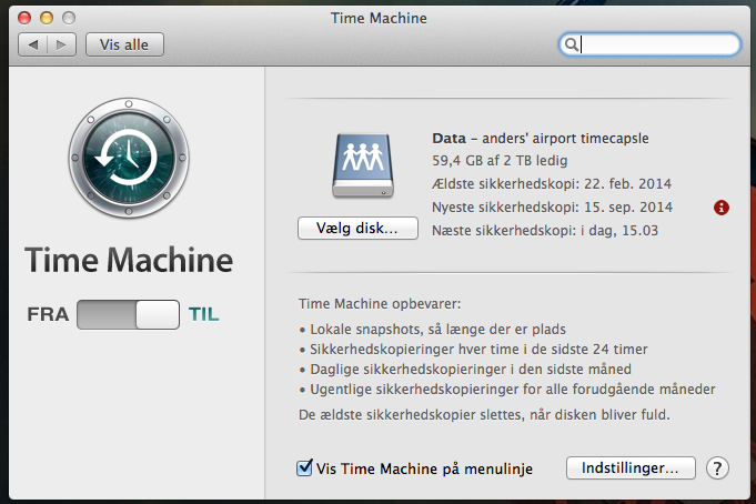 Time Machine i system indstillinger